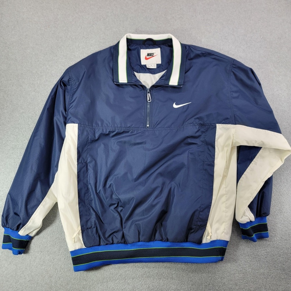 Nike Jacket Mens Large Blue White 1/4 Zip Windbreaker Colorblock Lined Pockets